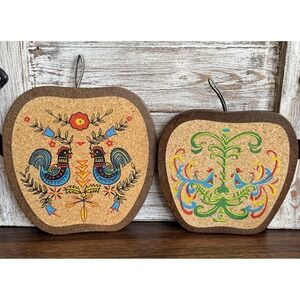 Vintage 60's Cork PA Dutch Folk Art Roosters Painted Trivets Hot Pads 2pc